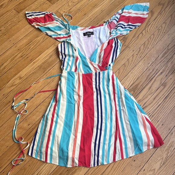 Lulu's Caliente Multi Striped Off-the-Shoulder Wrap Dress size medium - Picture 4 of 9